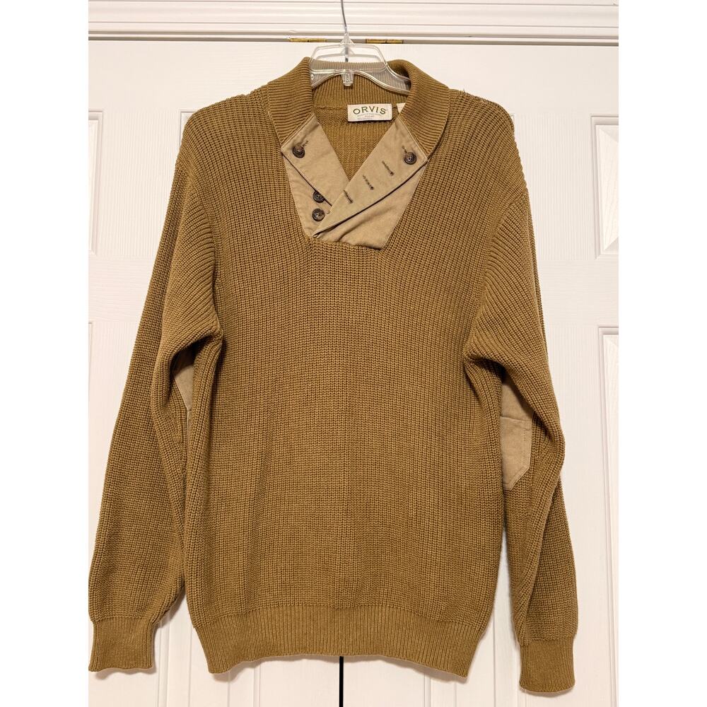 Orvis Shawl Collar Men's Sweater Khaki Pullover Elbow Patches Military, Size LT